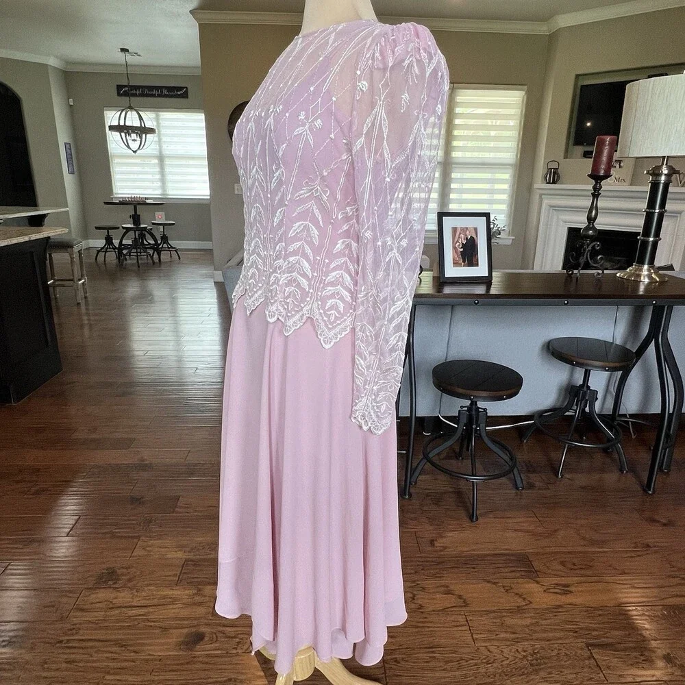 Vintage Cachet Bari Protas Pink Rose Dress 7/8 Sheer Embroidered Formal Gown - Picture 4 of 15